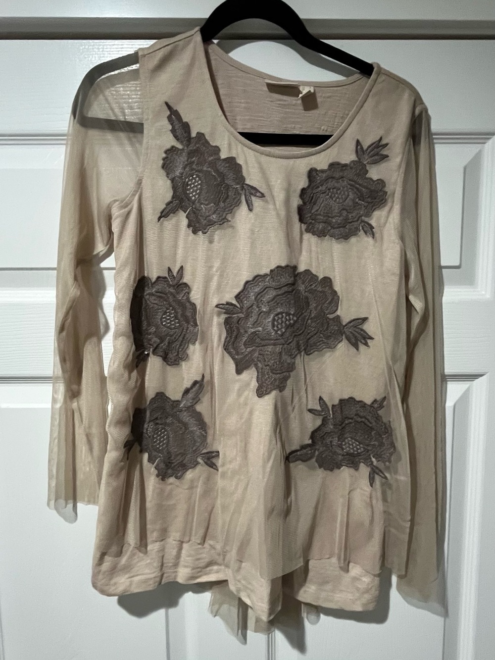 LOGO by Lori Goldstein Cream Long-Sleeve Tunic with Brown Floral Appliqués